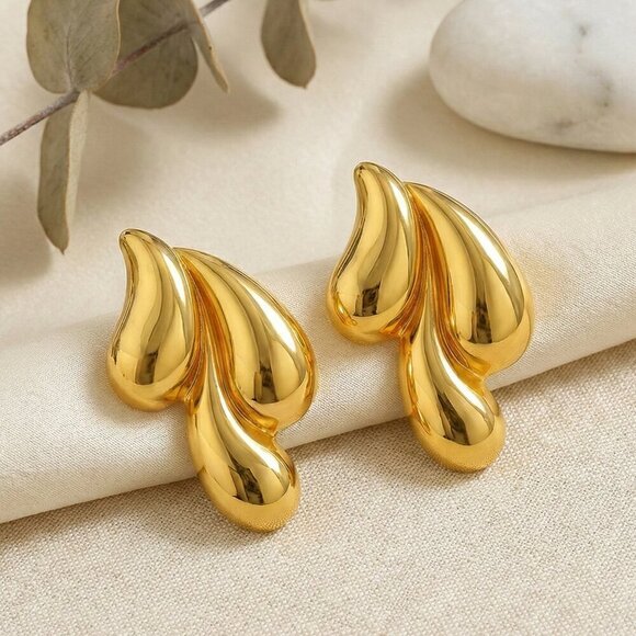 18K Gold Plated Stainless Steel Drop Earrings - Unique Teardrop Design⨠- Picture 3 of 11